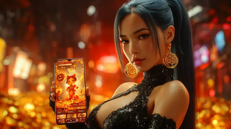 Elegant woman with lucky cat mobile game