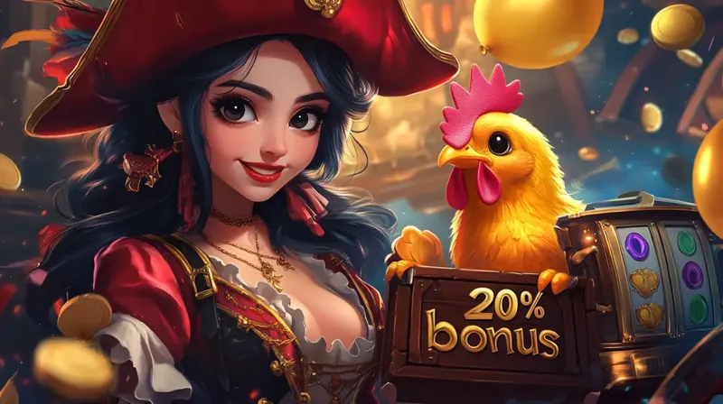 Pirate girl and chicken with 20 percent bonus sign