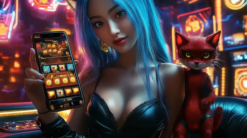 Anime girl with red cat and mobile game