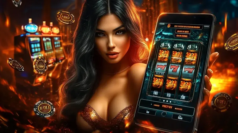 Woman showing mobile slot game in casino
