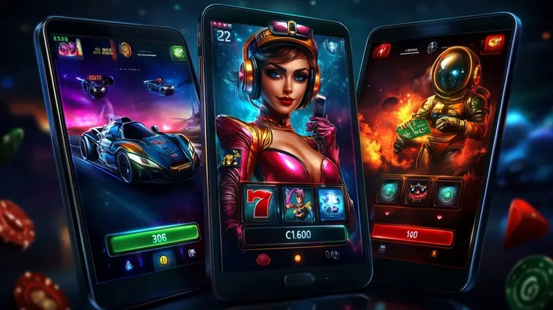 Three phones showing different game apps