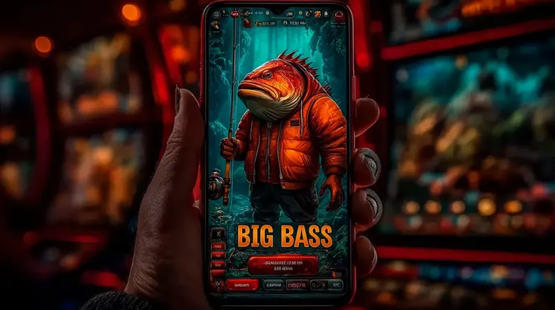 Hand holding phone with Big Bass slot game